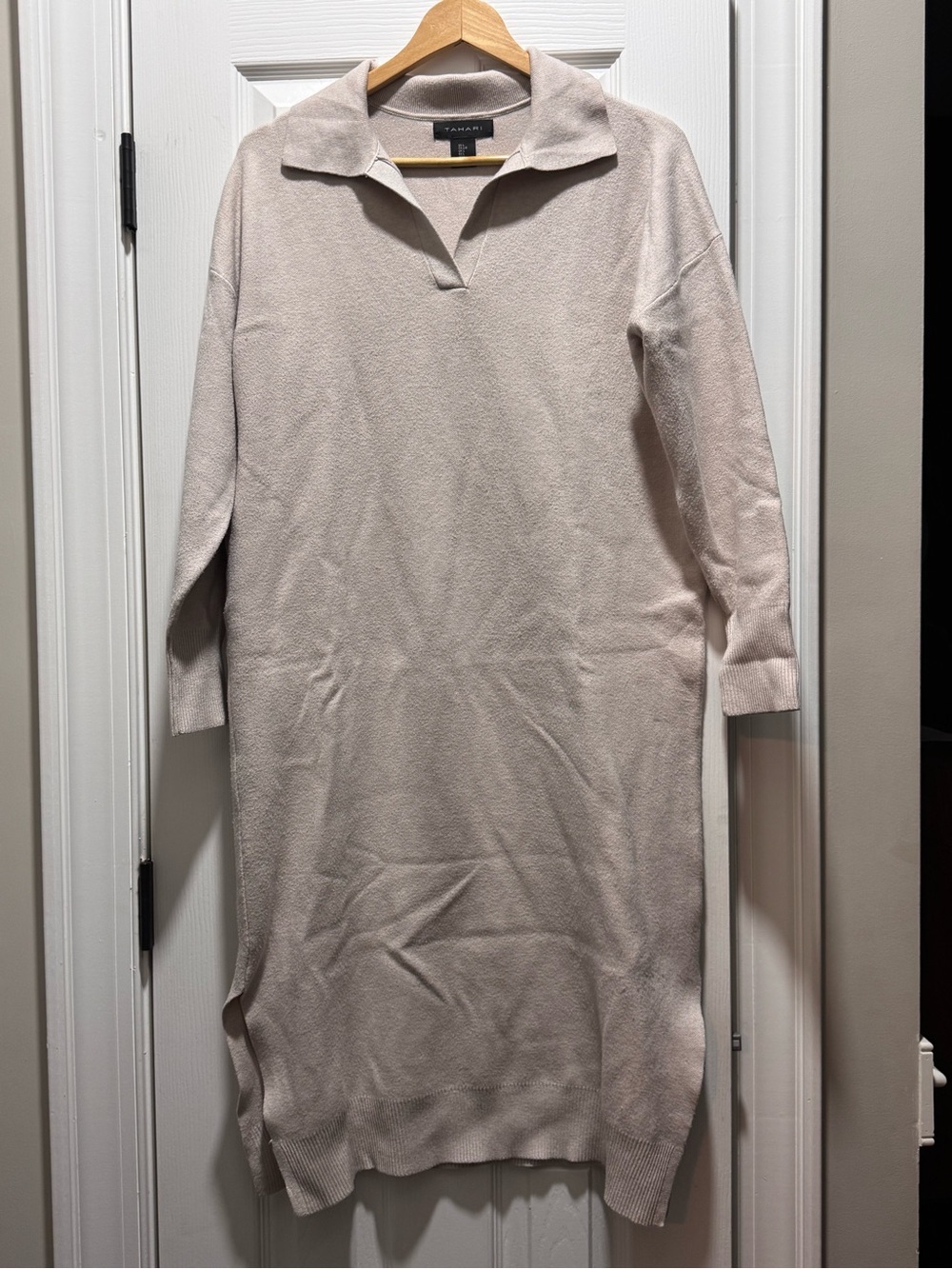 Tahari Cream Collared Knit Tunic Sweater Dress L neutral beige
